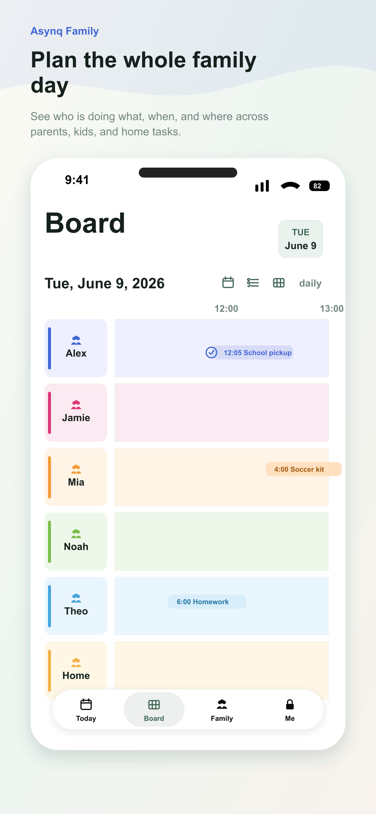 Family planner app schedule board in Familia