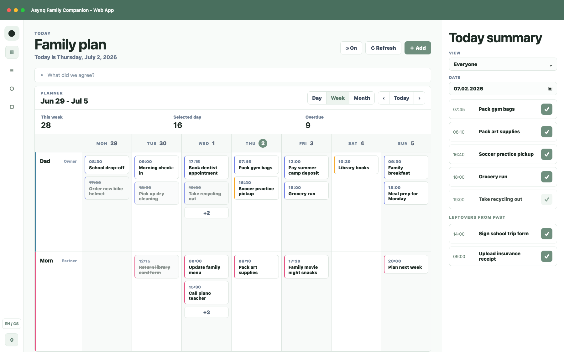 Familia web companion planner screenshot